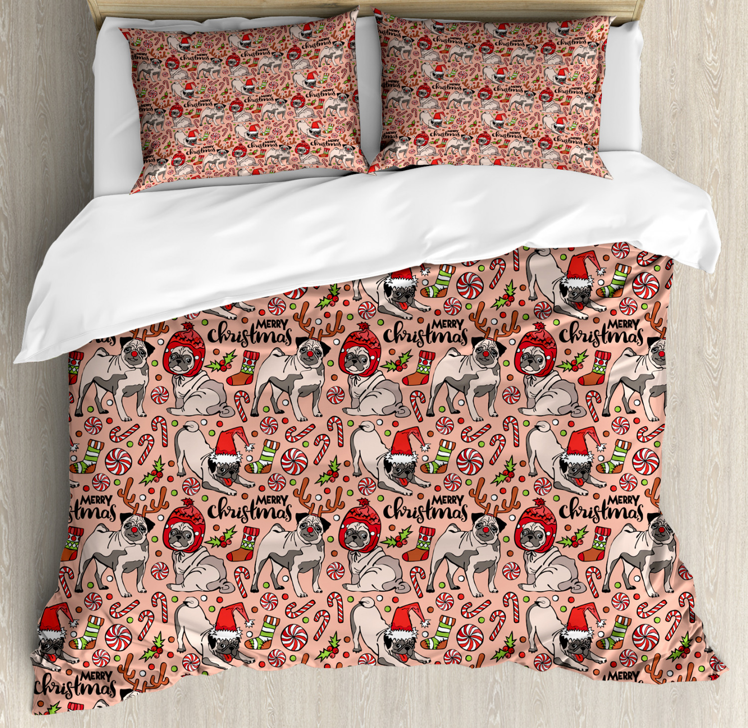 Pug Duvet Cover Set With Pillow Shams Christmas Celebrating Dog