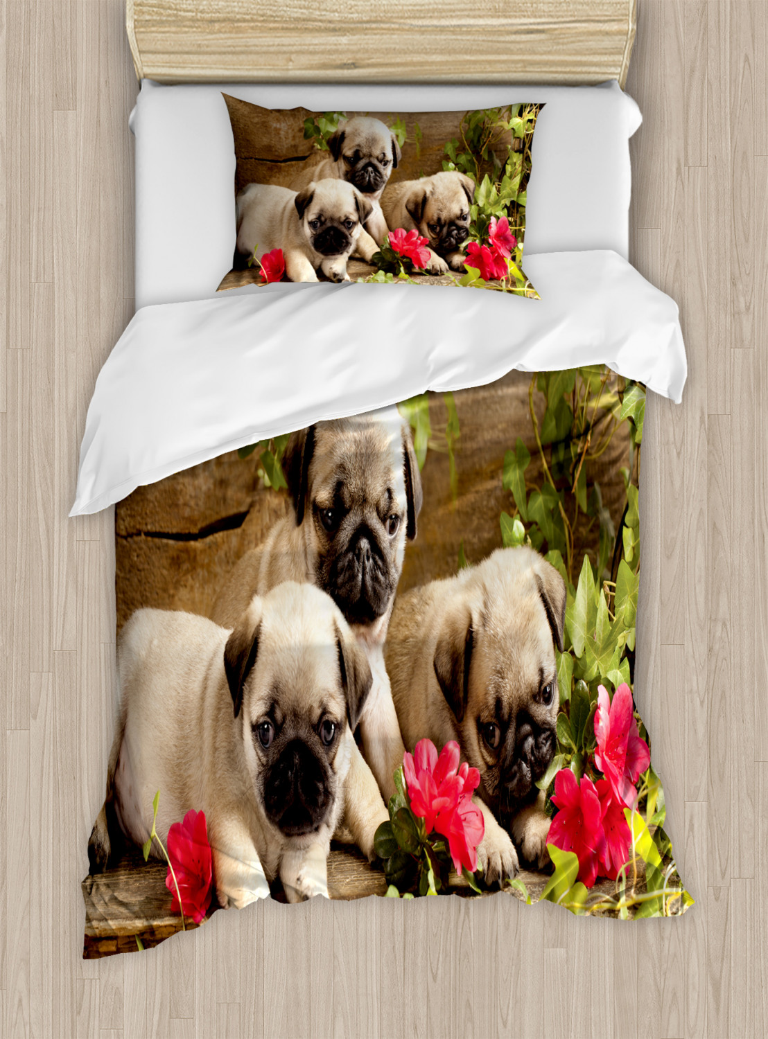 Pug Quilted Bedspread & Pillow Shams Set Sibling Puppies Flowers Print 