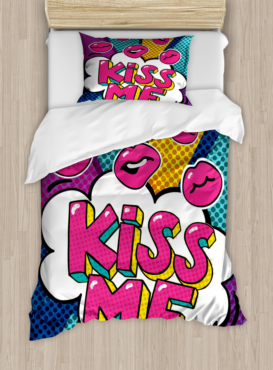 Kiss Duvet Cover Set With Pillow Shams Word Bubble Pop Art Style