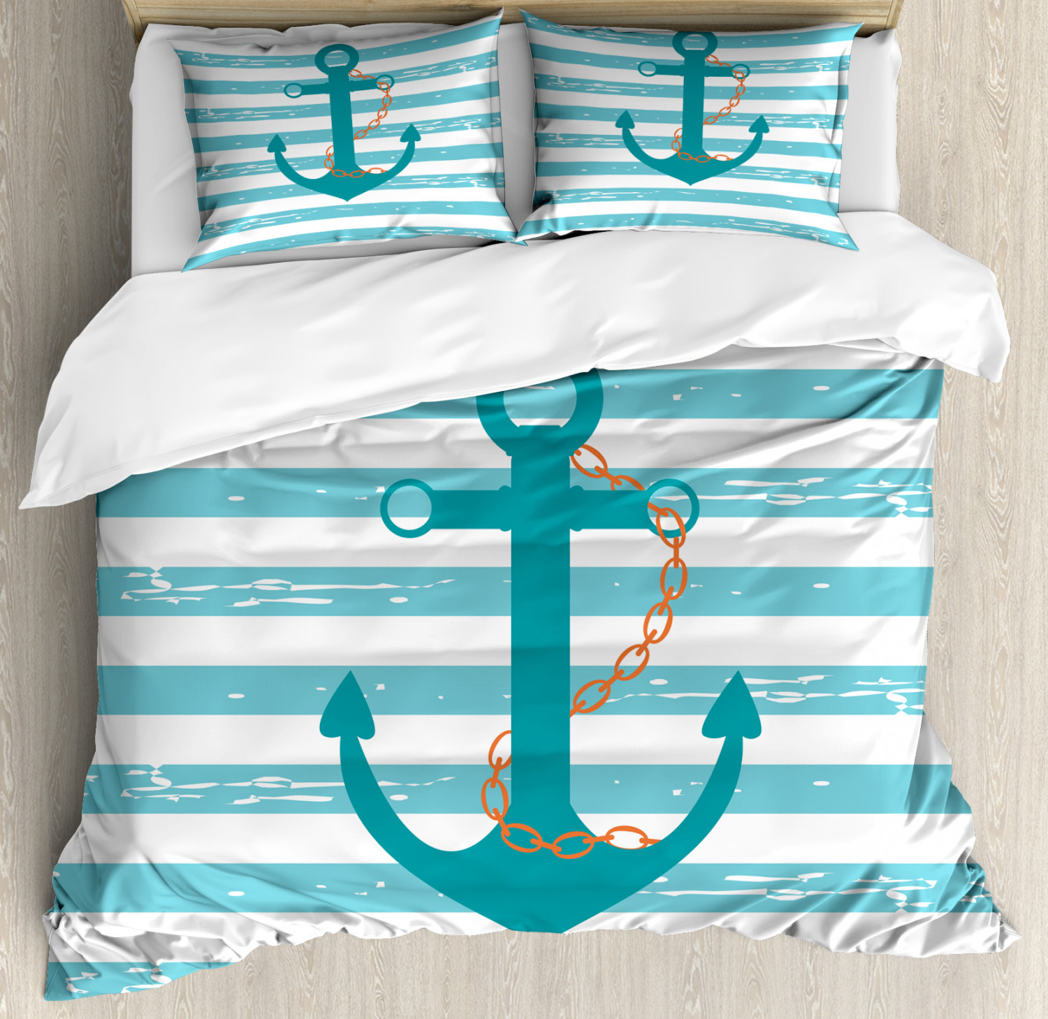 Teal Duvet Cover Set With Pillow Shams Ship Anchor Marine Life