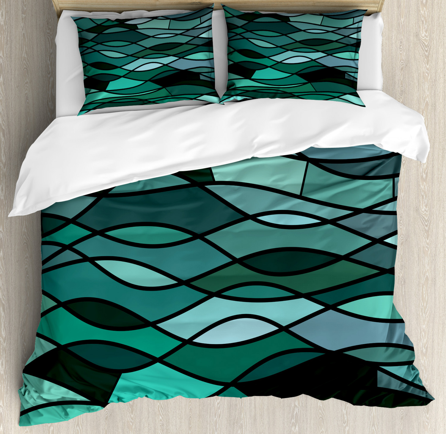 Teal Duvet Cover Set With Pillow Shams Mosaic Sea Waves Inspired