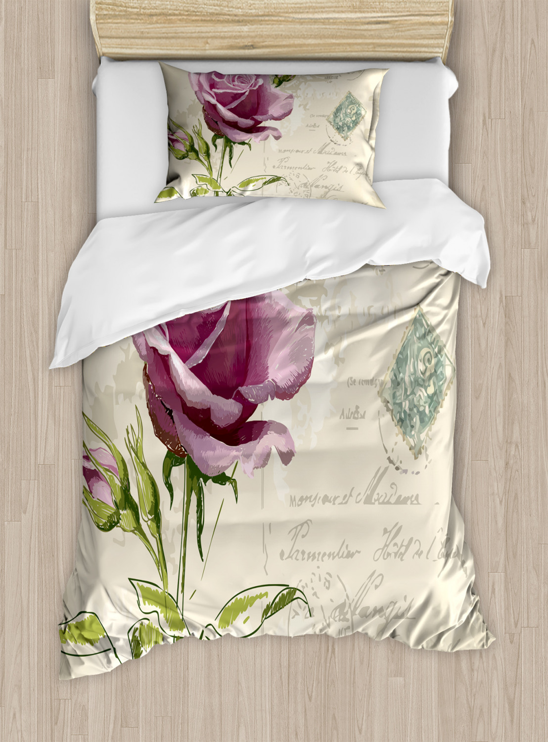Vintage Delicate Artsy Print Rose Quilted Bedspread & Pillow Shams Set 