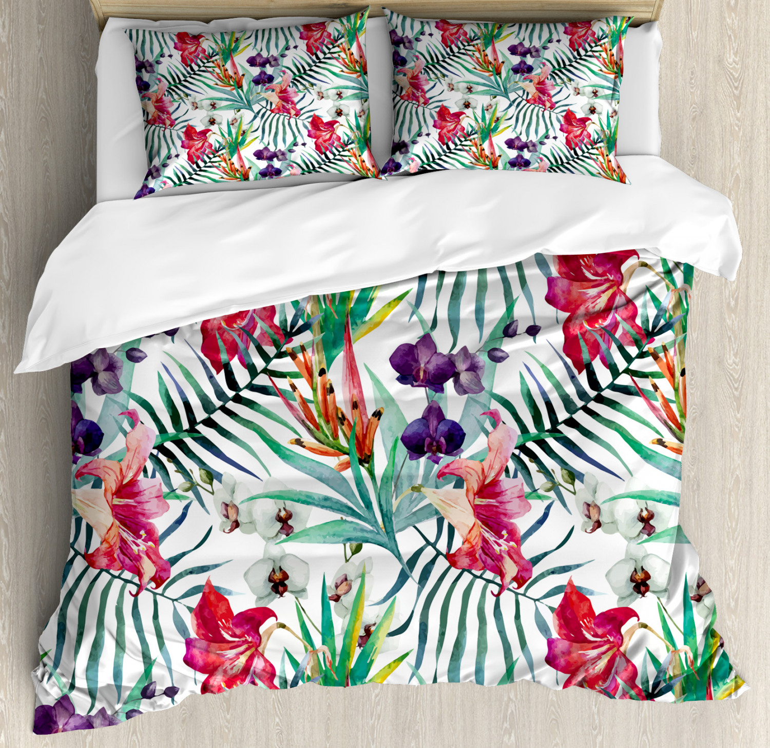 Floral Duvet Cover Set With Pillow Shams Watercolor Art Tropical Print