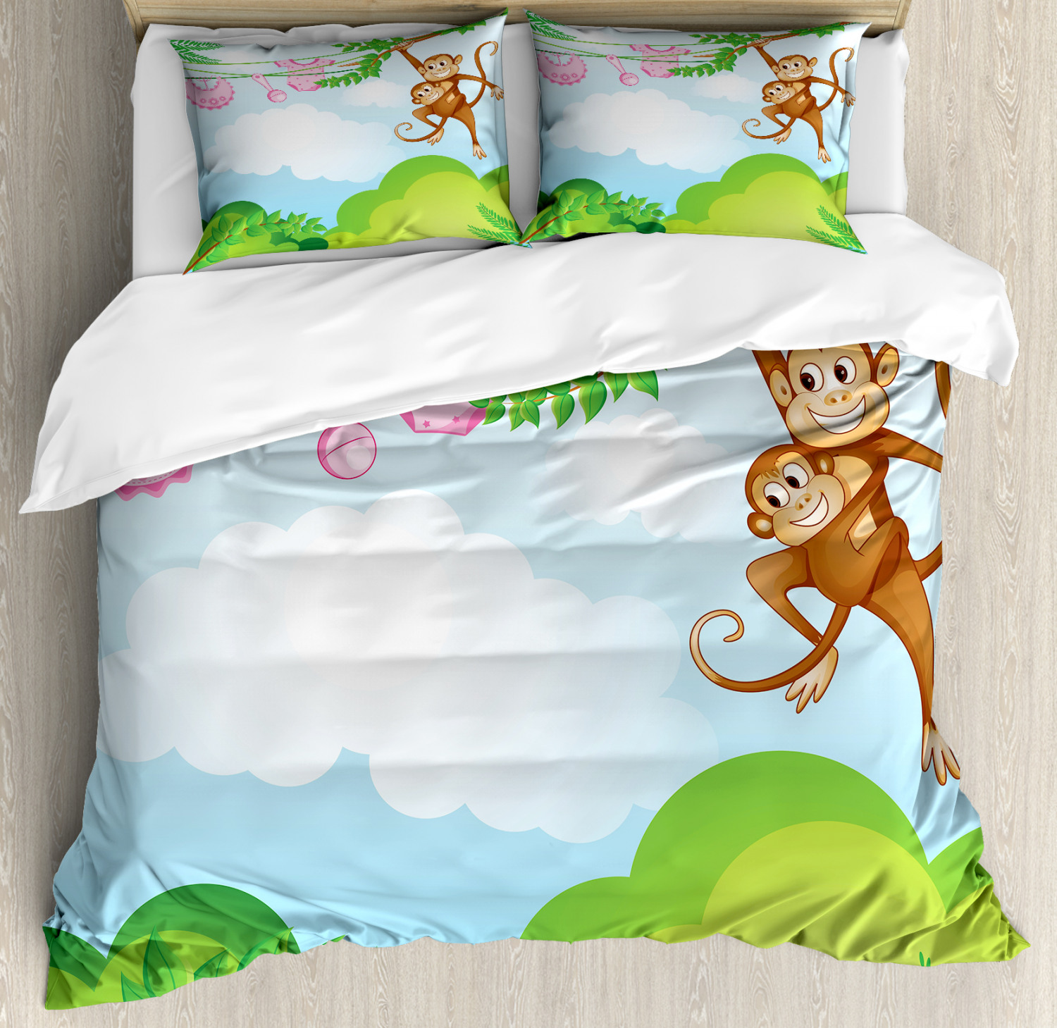 Nursery Duvet Cover Set With Pillow Shams Monkey Swinging Kid