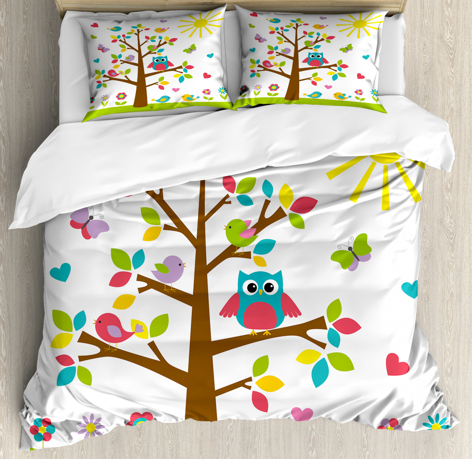 Nursery Duvet Cover Set With Pillow Shams Colorful Tree Cute Owl