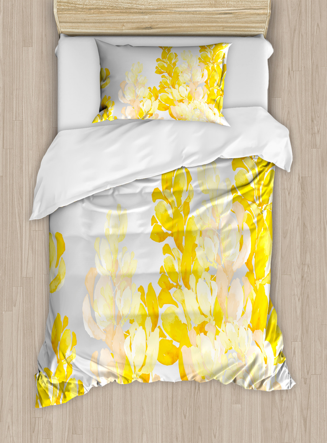 Yellow and White Duvet Cover Set with Pillow Shams Wild Flowers Print