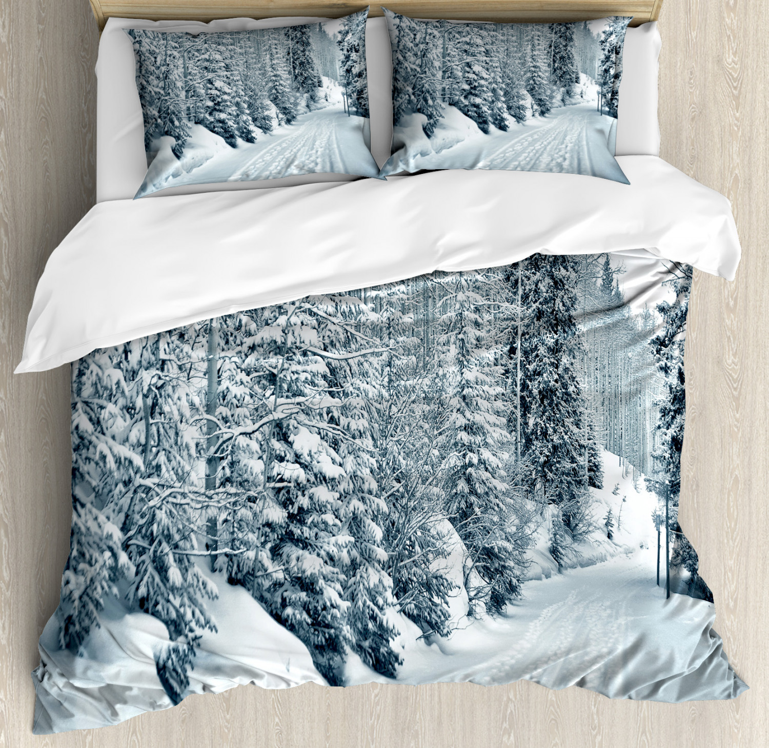 Winter Duvet Cover Set With Pillow Shams Ski Theme Snowy Road