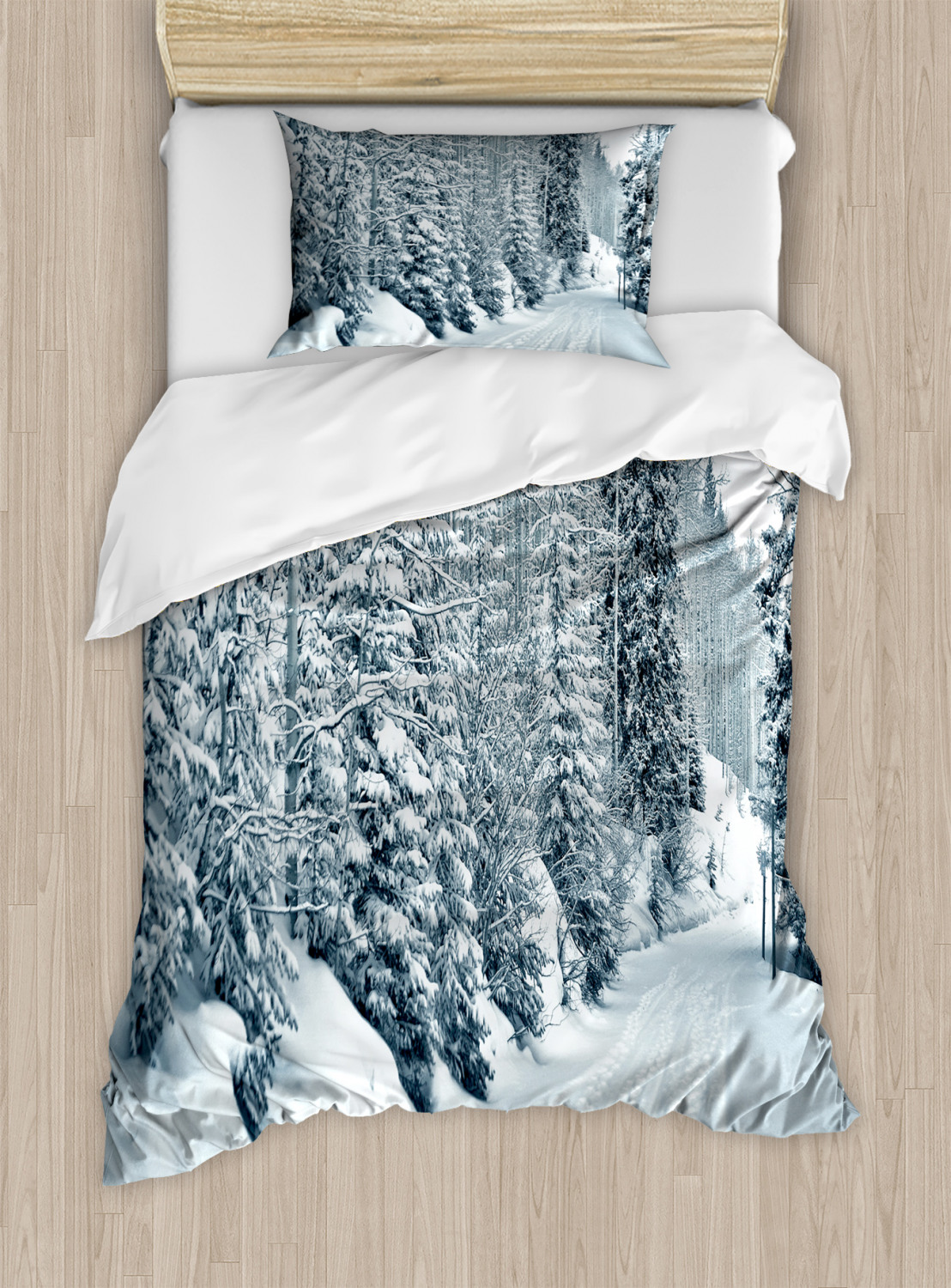 Winter Duvet Cover Set With Pillow Shams Ski Theme Snowy Road Print Winter Duvet Cover Set With Pillow Shams Ski