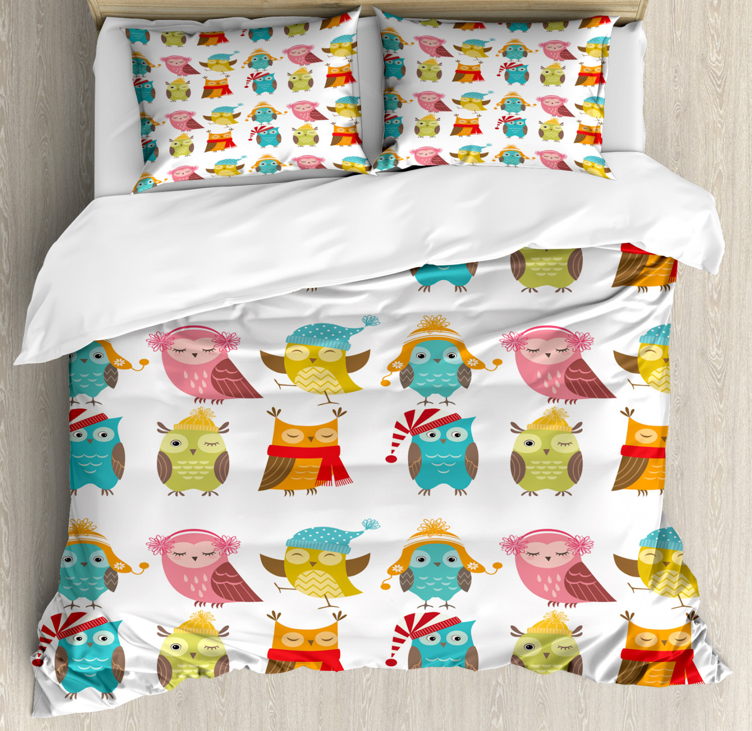 Winter Duvet Cover Set With Pillow Shams Cute Cartoon Funny Owls