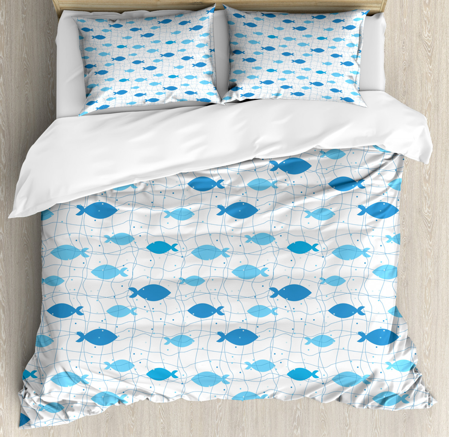 Fish Duvet Cover Set With Pillow Shams Geometric Net Design Dots