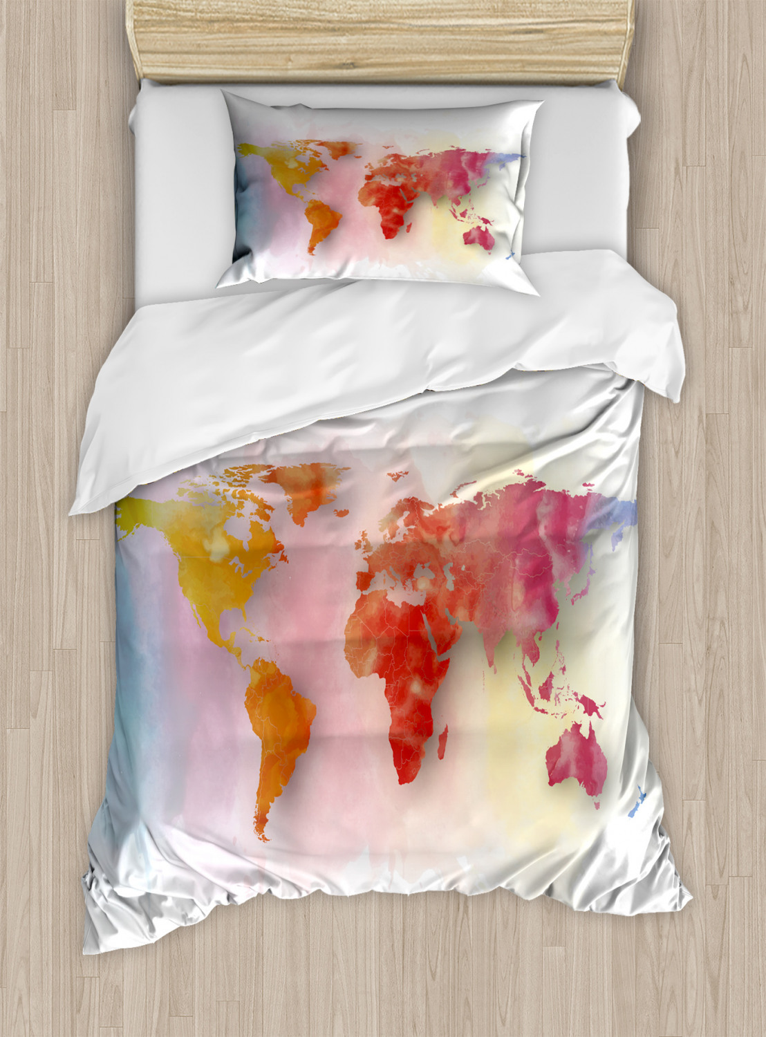 World Map Duvet Cover Set With Pillow Shams Watercolor World Map