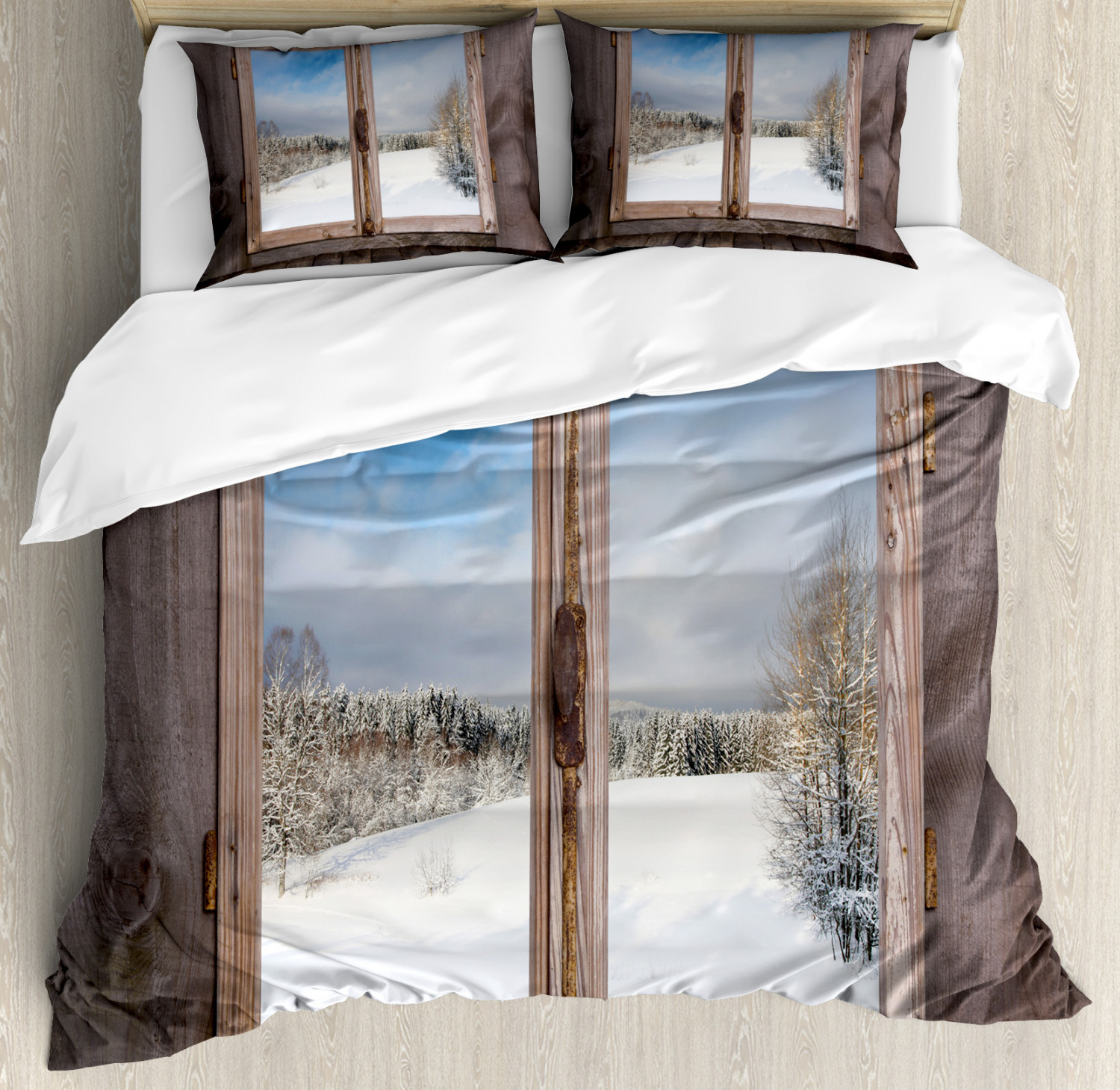 Rustic Duvet Cover Set with Pillow Shams Winter Season Scene Print eBay