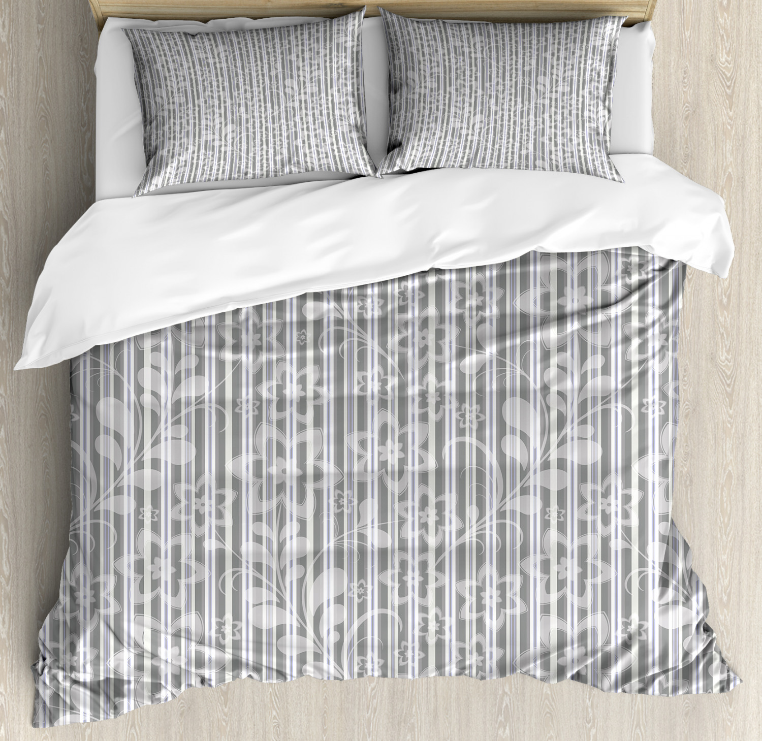 Grey And White Duvet Cover Set With Pillow Shams Floral Inspired