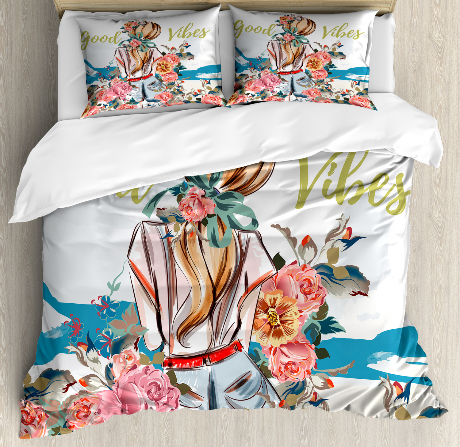 Good Vibes Duvet Cover Set with Pillow Shams Girl Rose Flourish Print