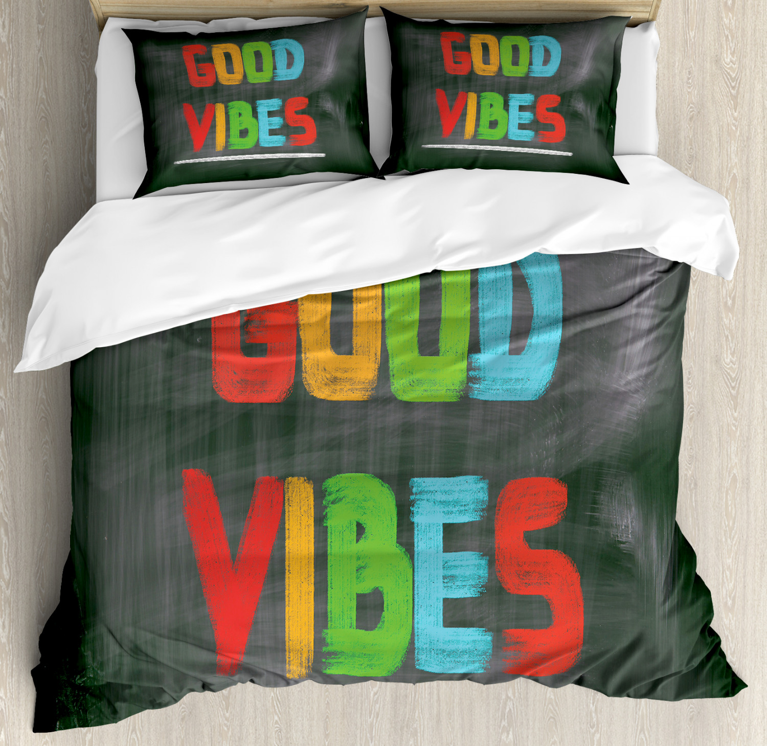 Good Vibes Duvet Cover Set with Pillow Shams Blackboard Colorful Print