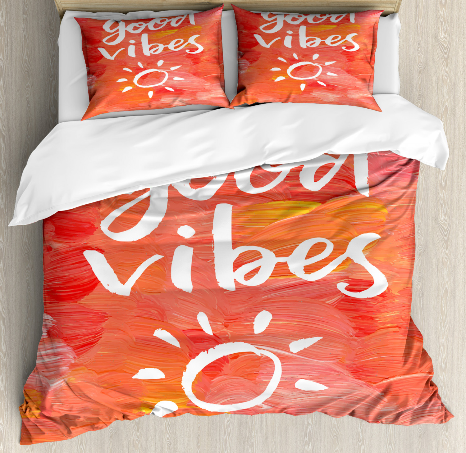 Good Vibes Duvet Cover Set with Pillow Shams Artsy Brushstrokes Print