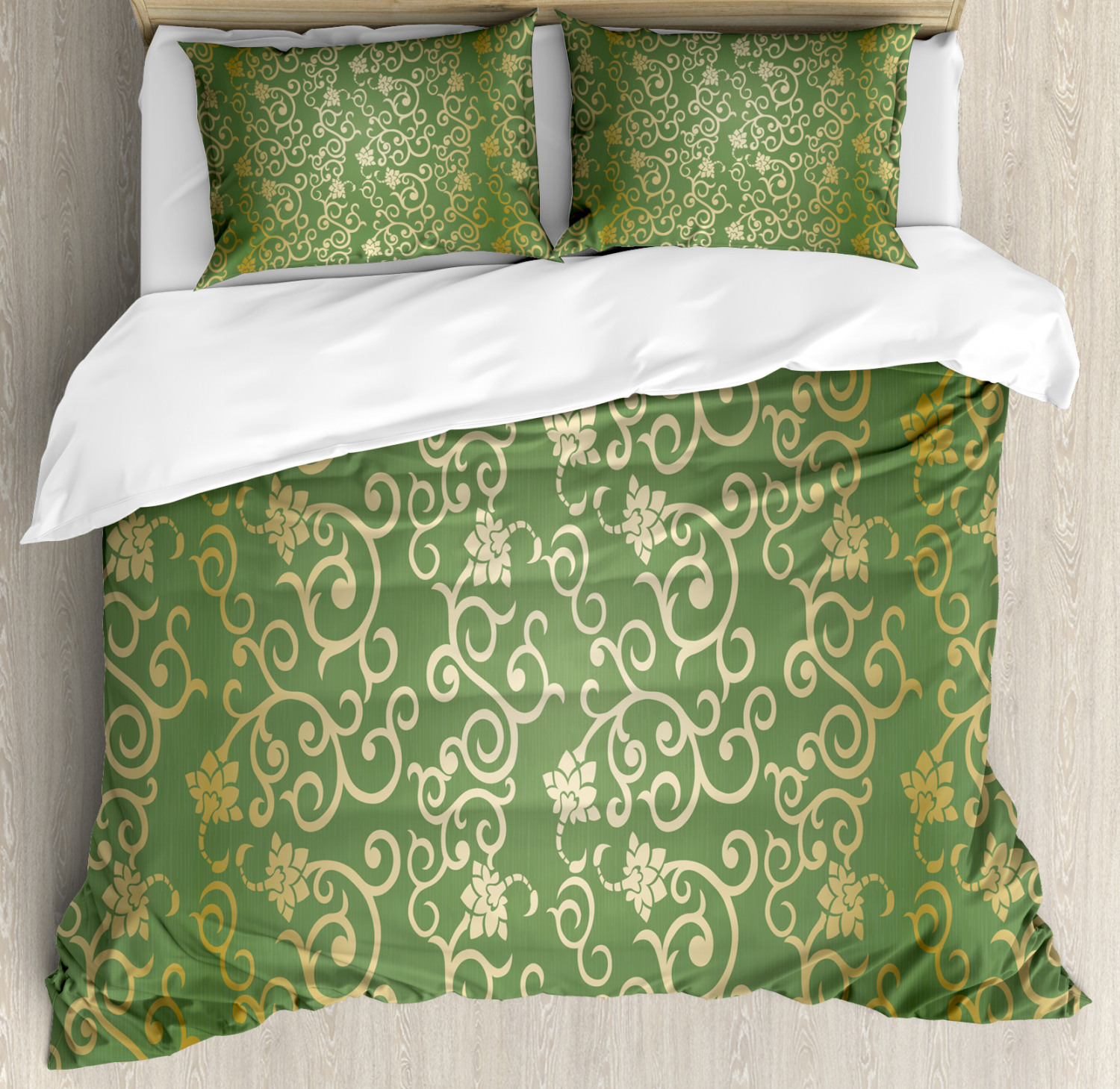 Green And Yellow Duvet Cover Set With Pillow Shams Floral Curls