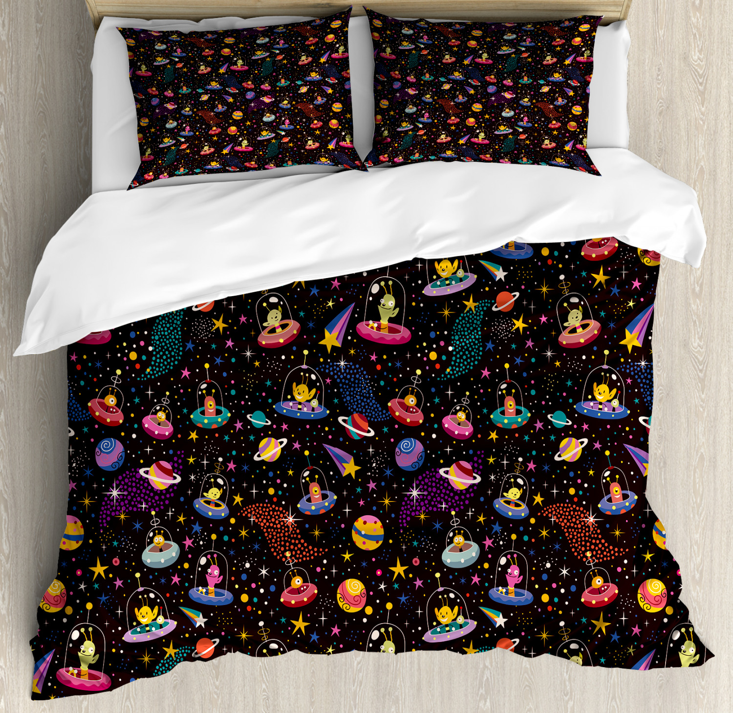 Space Duvet Cover Set with Pillow Shams Alien Planets and UFOs Print Space Duvet Cover Set with Pillow Shams Alien Planets and UFOs Print