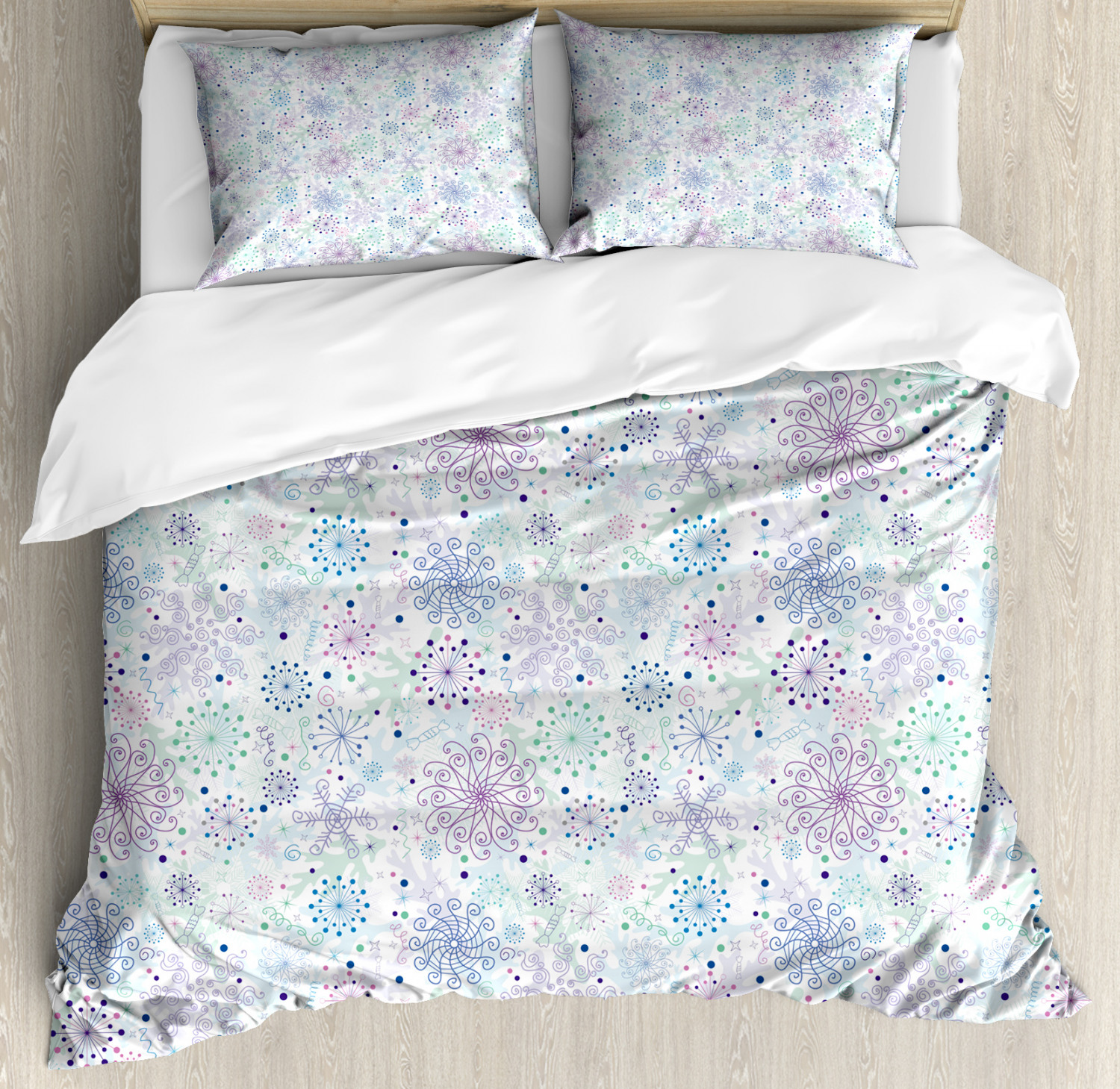 Winter Duvet Cover Set with Pillow Shams Pastel Snowflakes Joyful Print