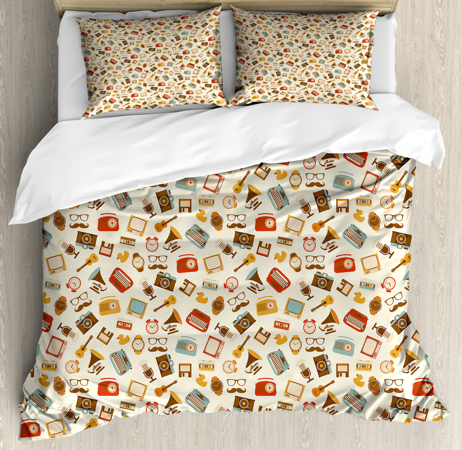 Vintage Duvet Cover Set With Pillow Shams Nostalgic Retro Icons