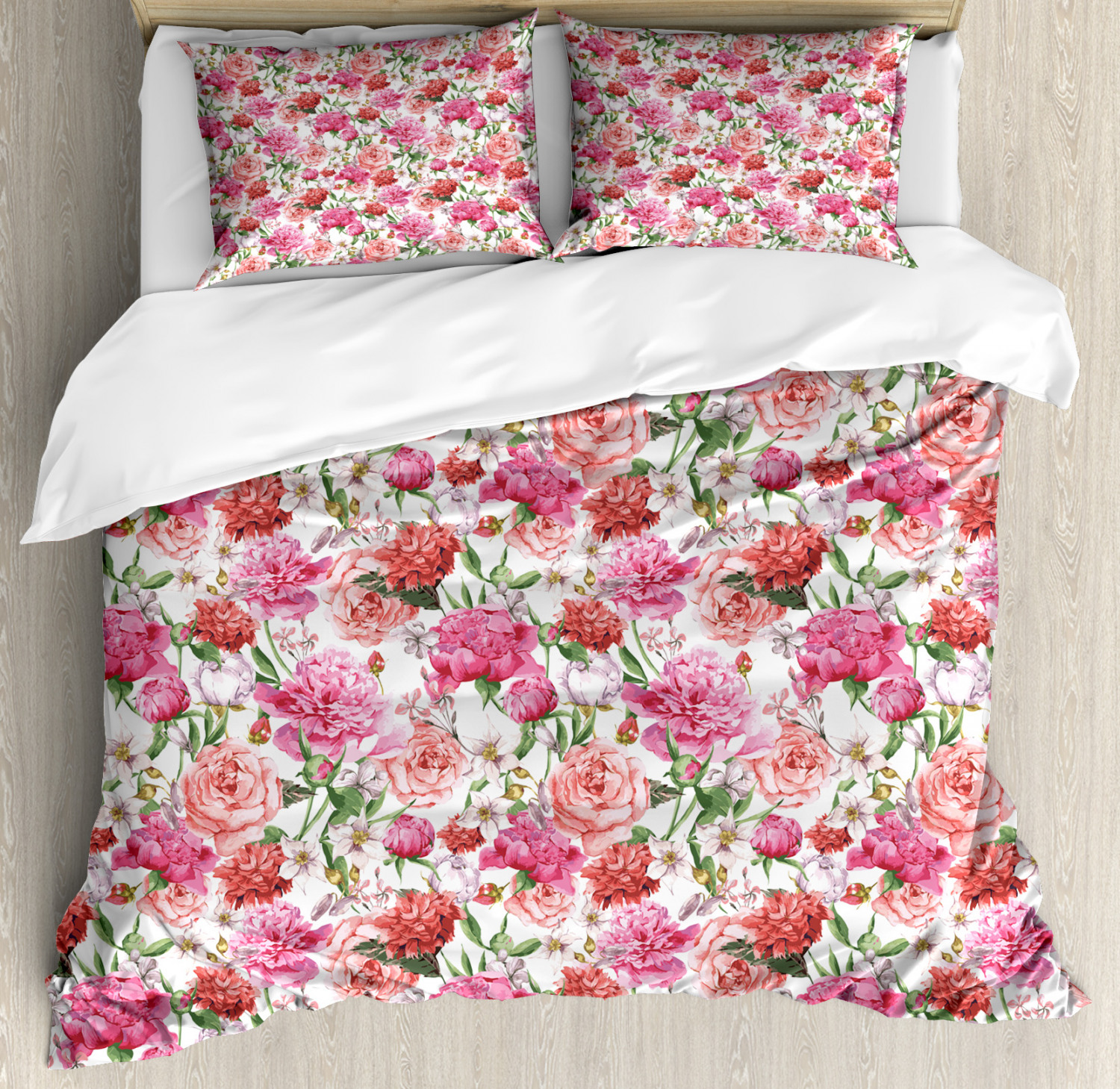 Watercolor Duvet Cover Set with Pillow Shams Pink Peonies Roses Print