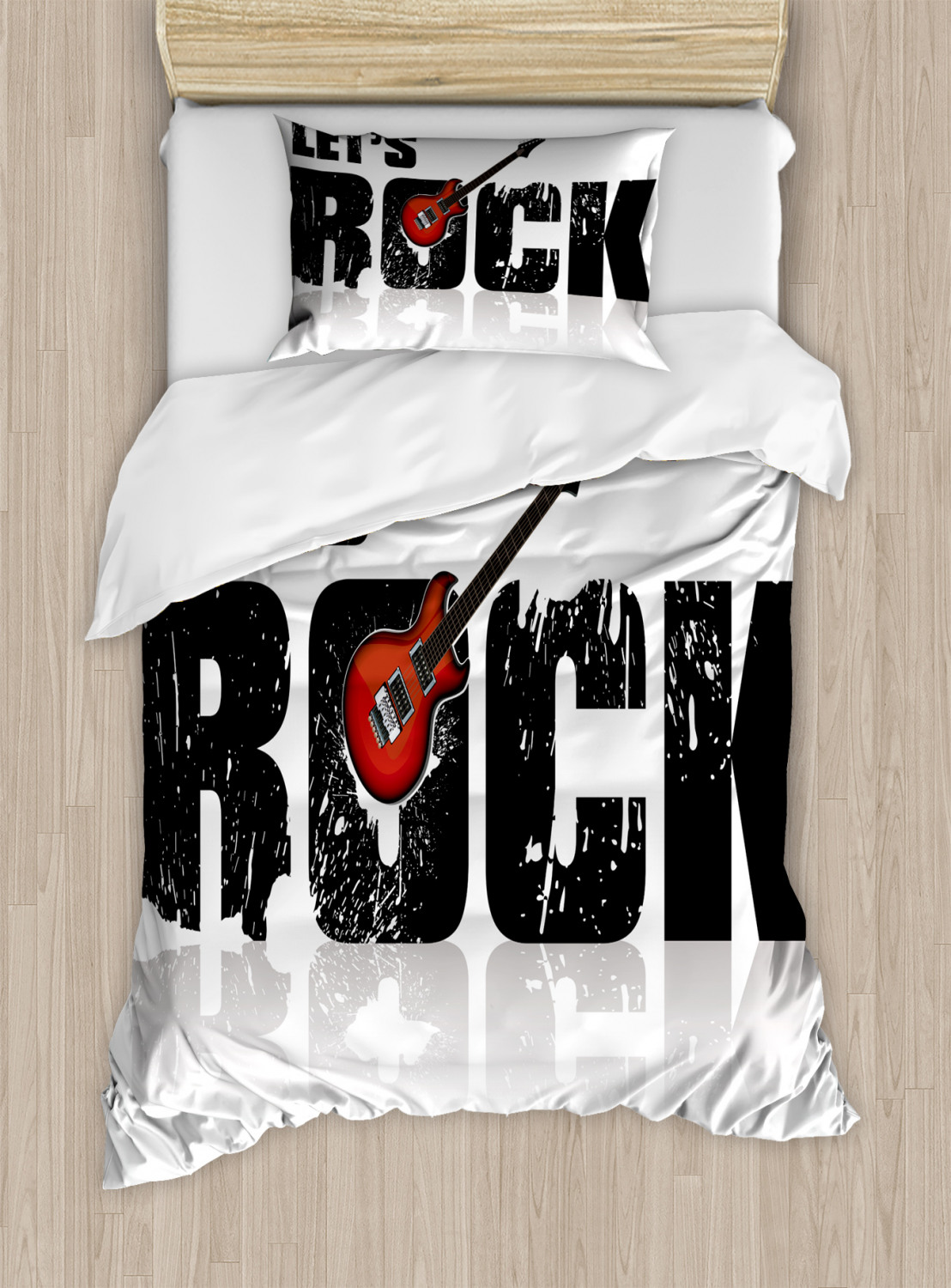 Guitar Duvet Cover Set with Pillow Shams Let's Rock Grunge Fun Print - Picture 7 of 8