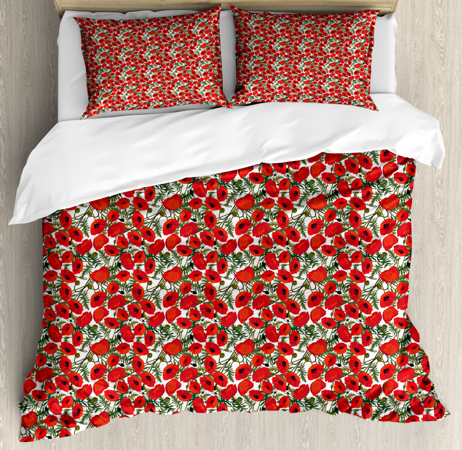 Poppy Duvet Cover Set With Pillow Shams Garden Foliage Botanical Print 