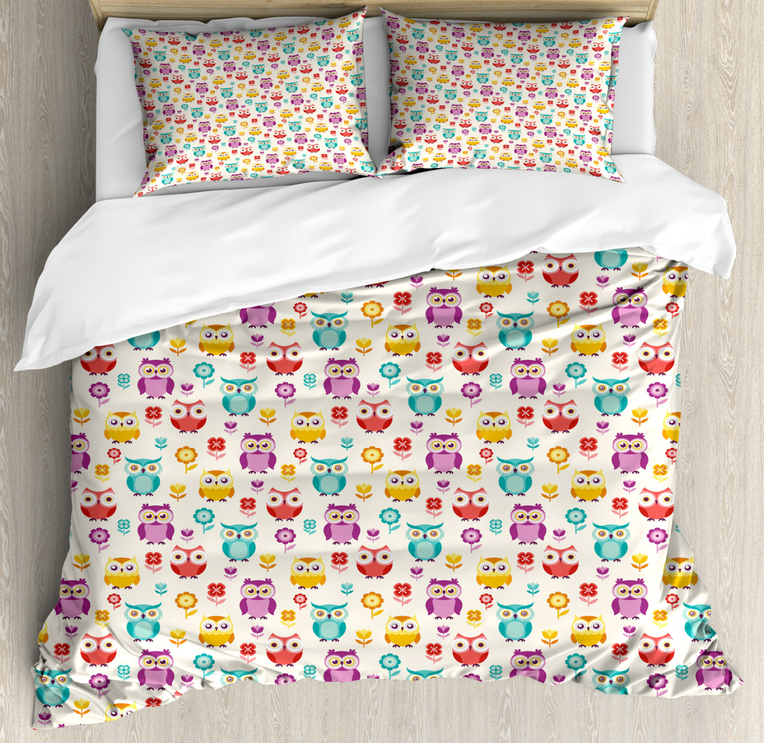 Owls Duvet Cover Set with Pillow Shams Flowers Nostalgic Kids Print eBay