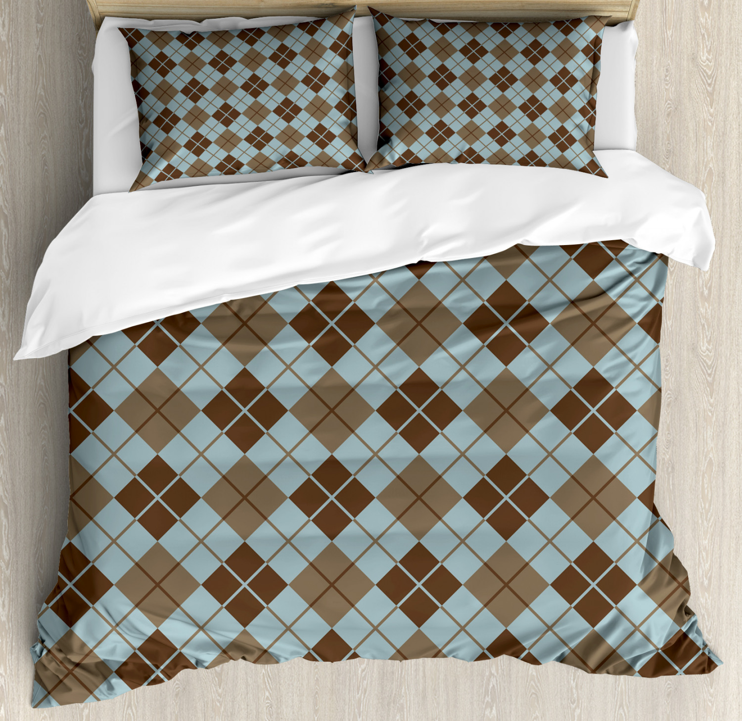 Brown And Blue Duvet Cover Set With Pillow Shams Argyle Pattern