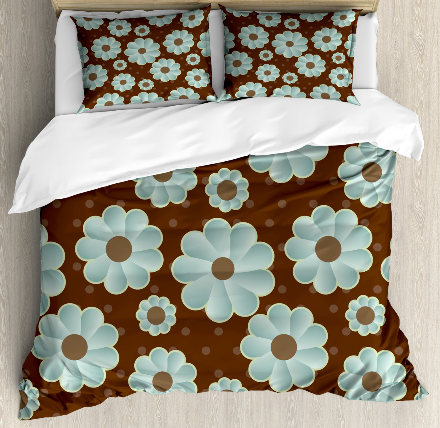 Brown And Blue Duvet Cover Set With Pillow Shams Retro Flora Print