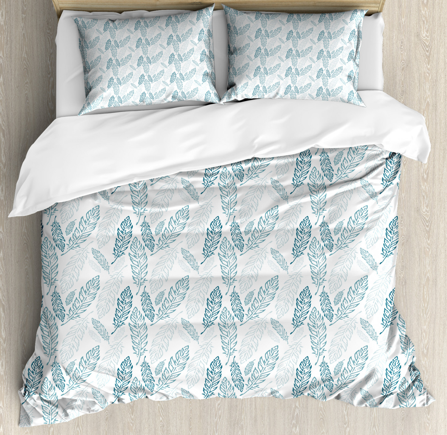 Teal And White Duvet Cover Set With Pillow Shams Grunge Feathers