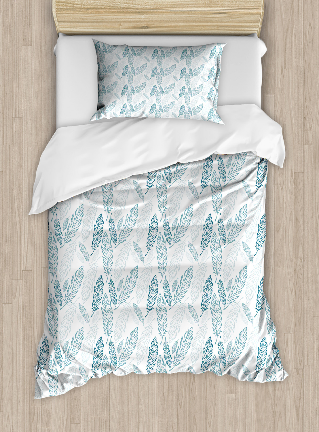 Teal and White Duvet Cover Set with Pillow Shams Grunge Feathers Print