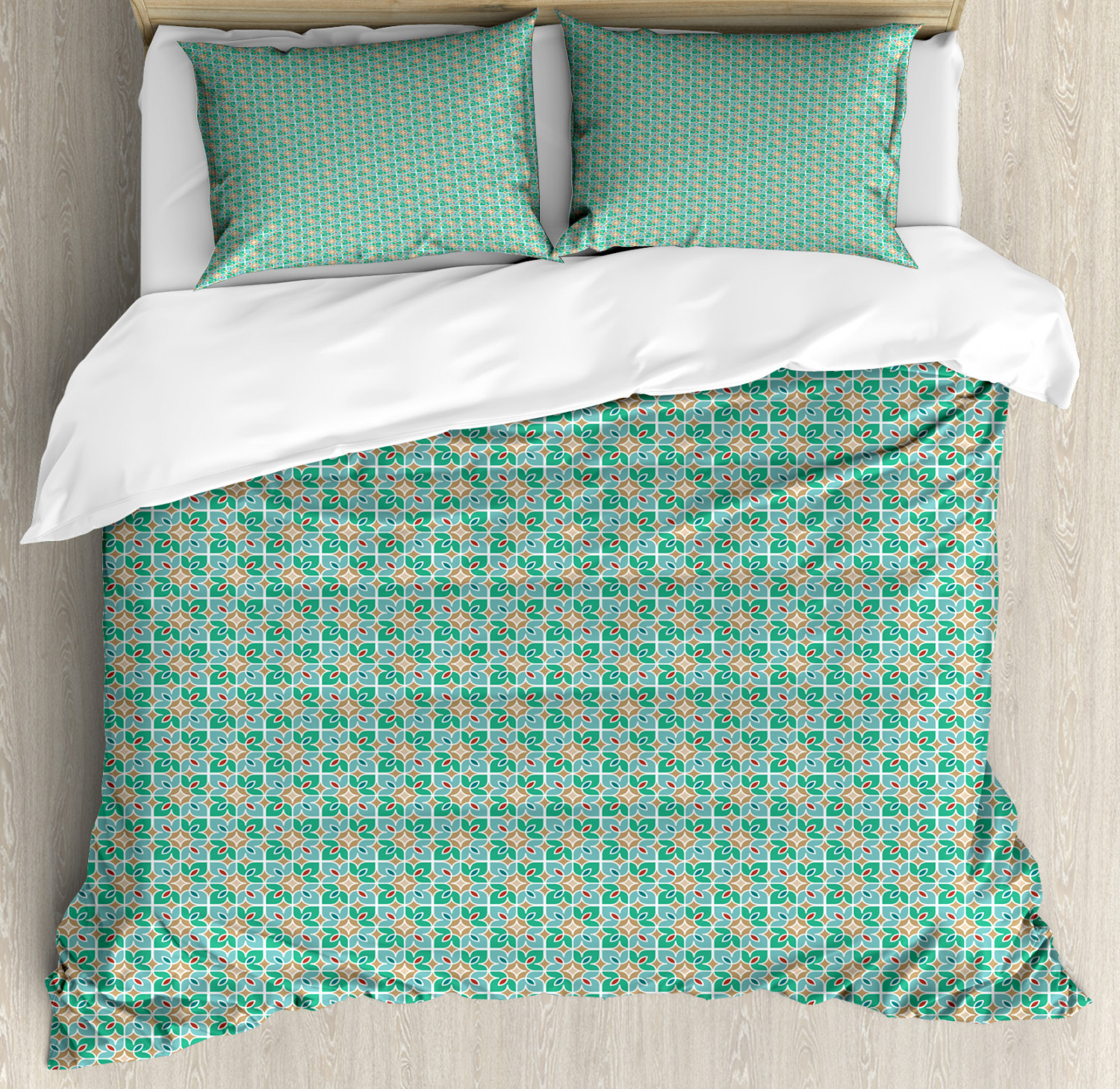 Teal and White Duvet Cover Set with Pillow Shams Floral Moroccan Print