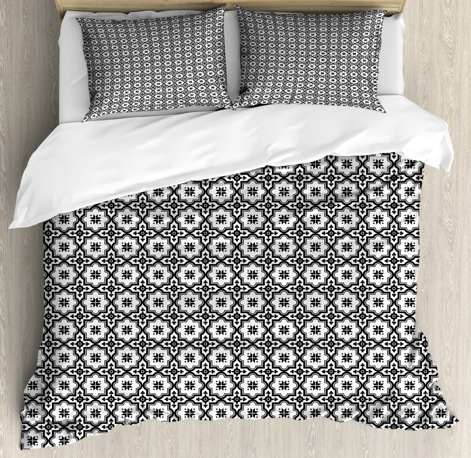 Moroccan Duvet Cover Set With Pillow Shams Monochrome Tile Design