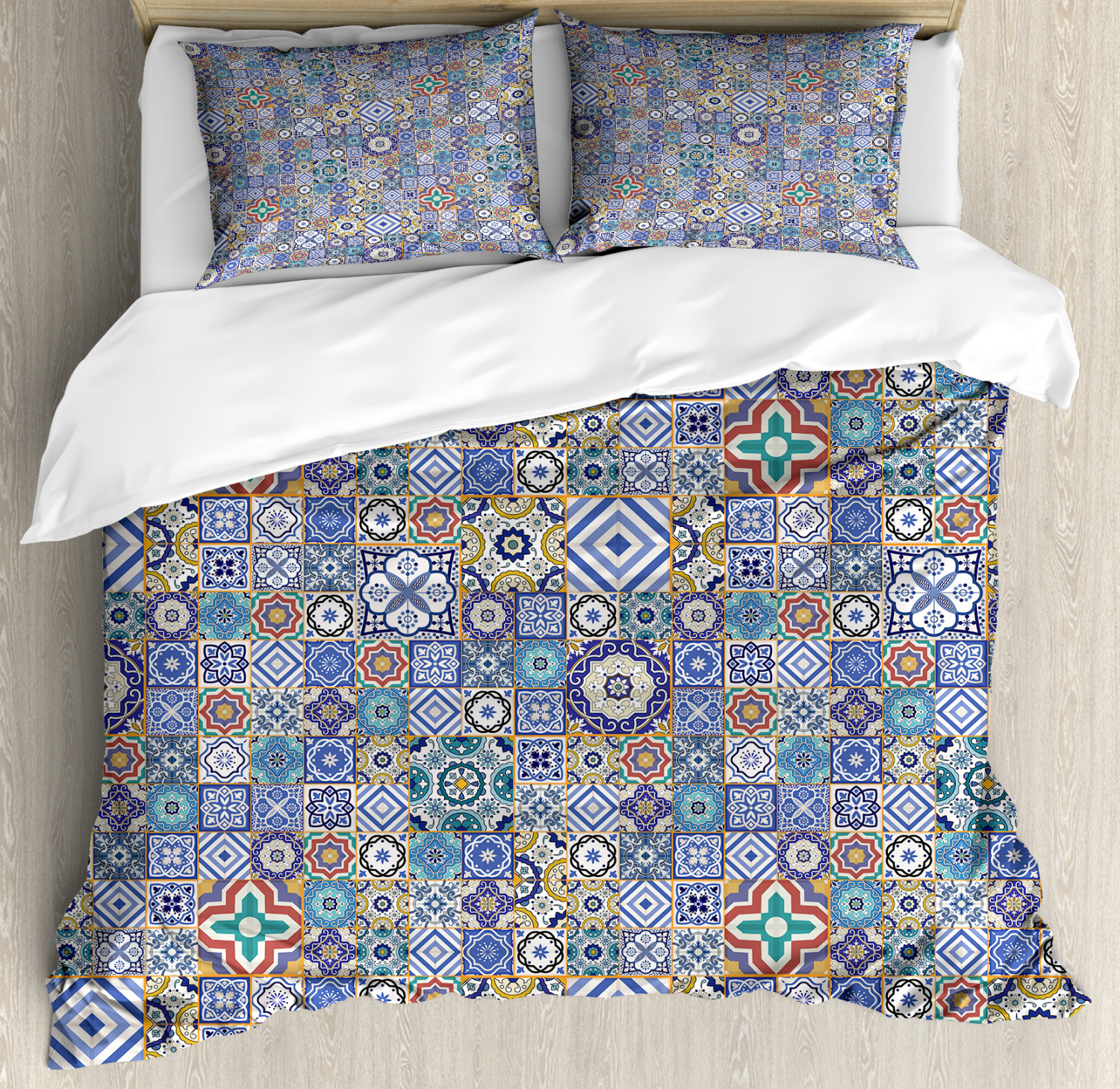 Moroccan Duvet Cover Set With Pillow Shams Grid Squares Pattern