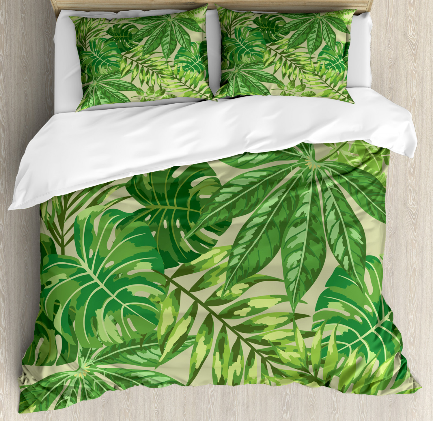 Green Leaf Duvet Cover Set with Pillow Shams Fresh Jungle Aloha Print