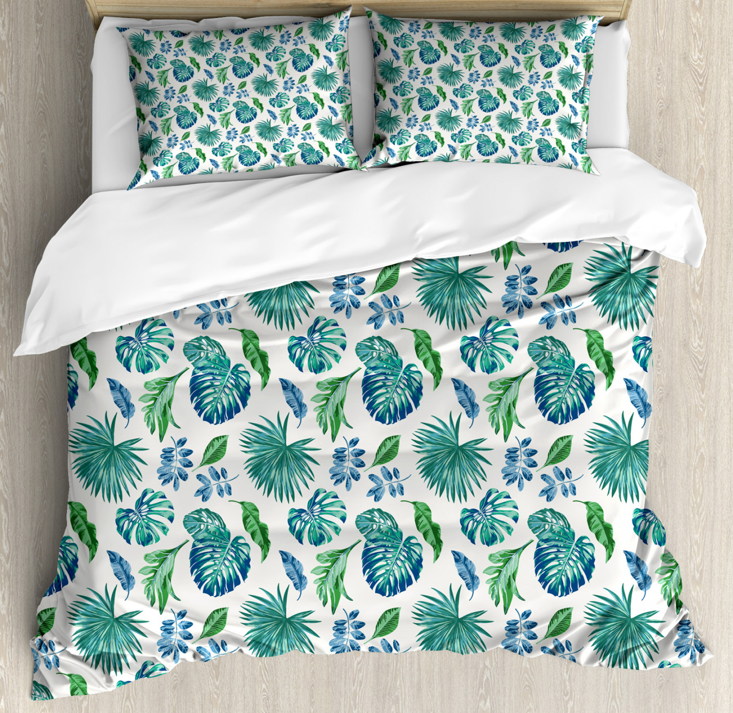 Green Leaf Duvet Cover Set with Pillow Shams Monstera Coconut Palm