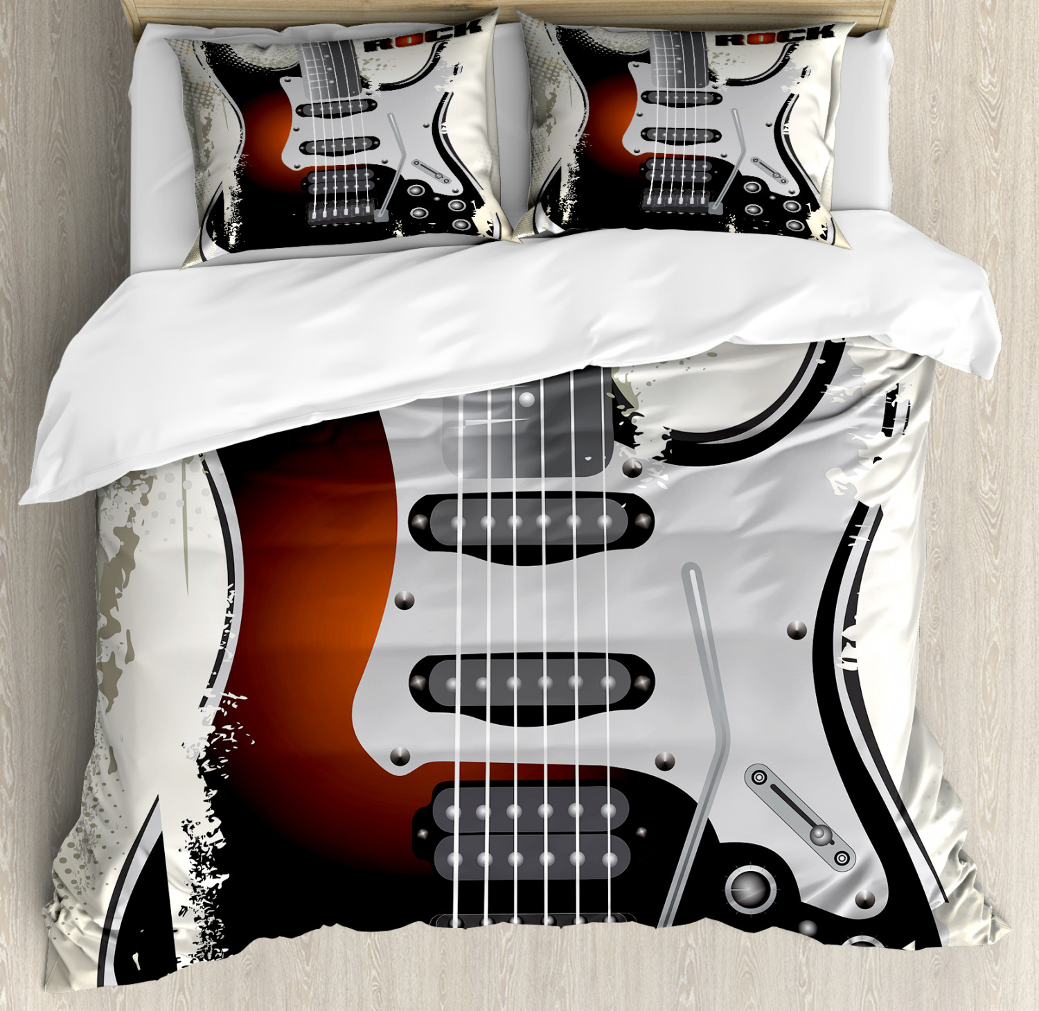 Rock Music Duvet Cover Set With Pillow Shams Retro Grunge Guitar