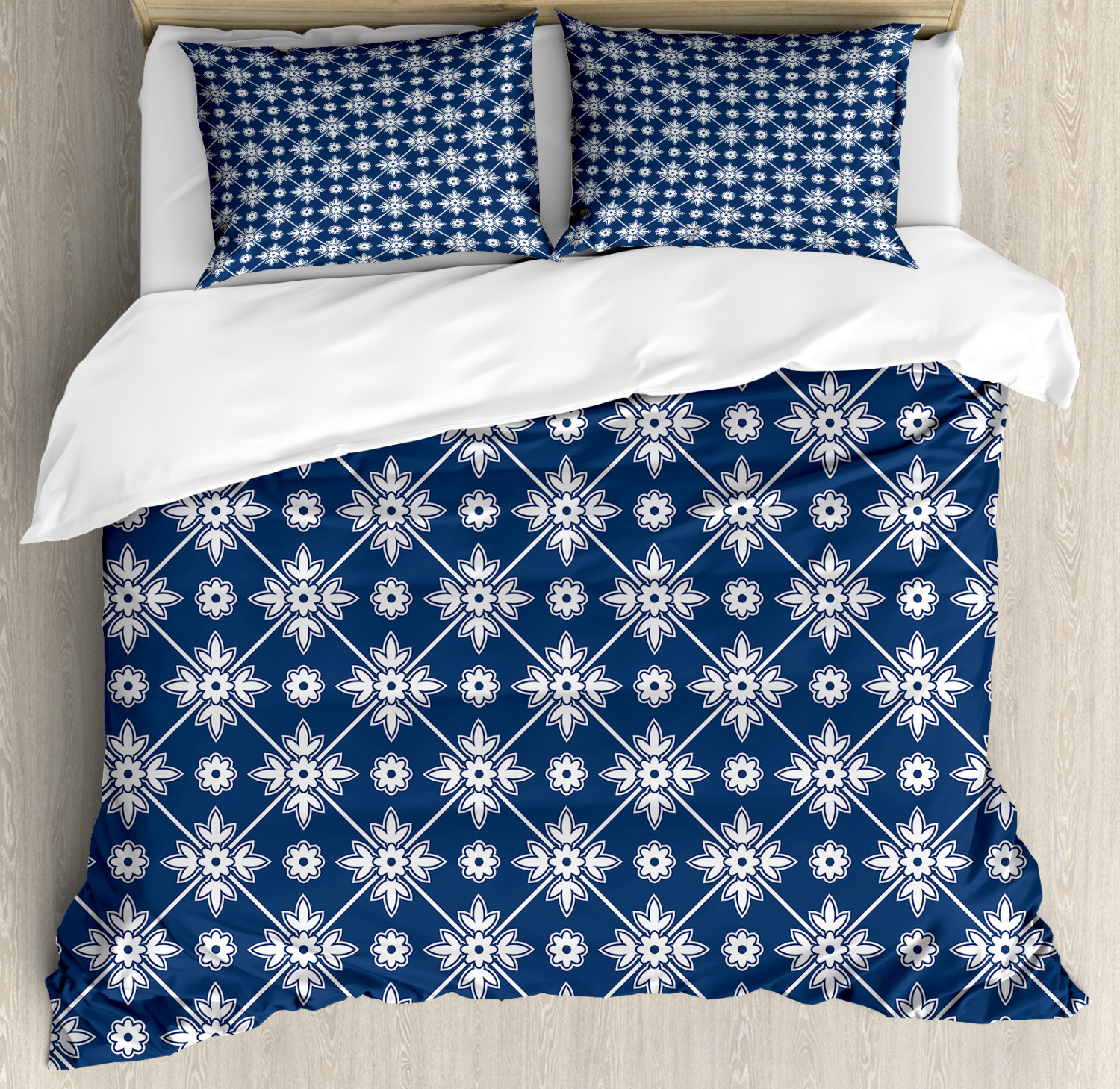 Blue Duvet Cover Set with Pillow Shams Checkered Folkloric Floral Print