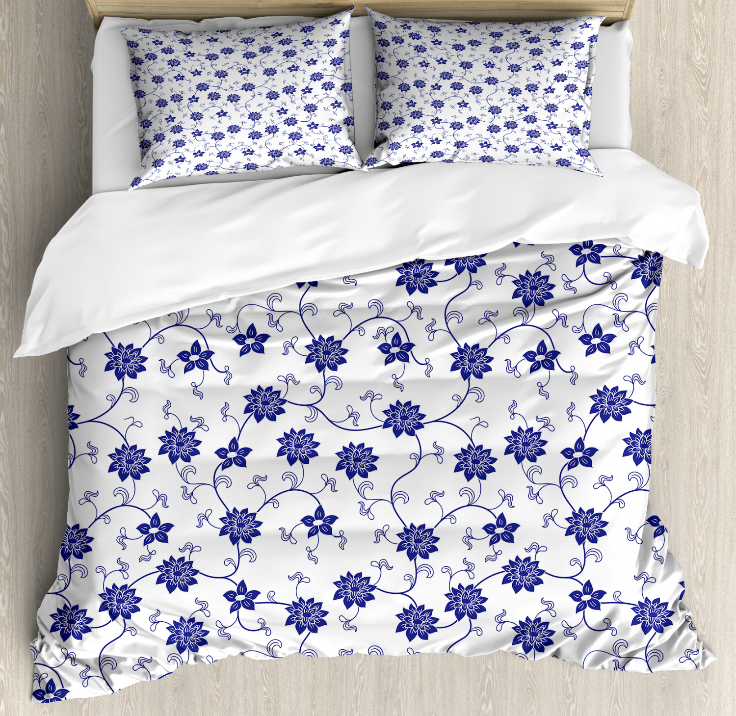 Blue Duvet Cover Set With Pillow Shams Chinese Floral Nature Print