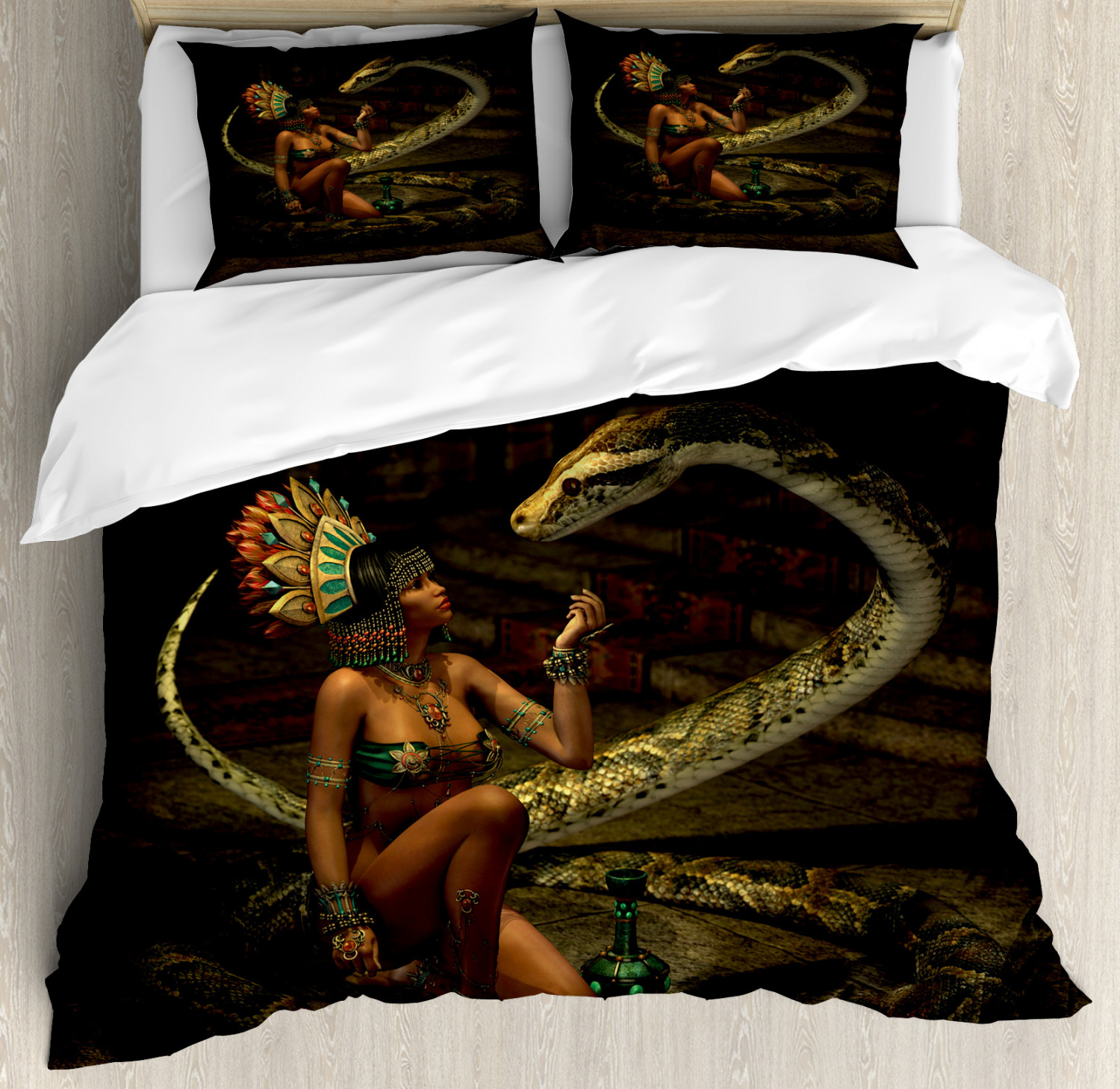 Fantasy Quilted Bedspread & Pillow Shams Set Mystery Girl Huge Snake Print 