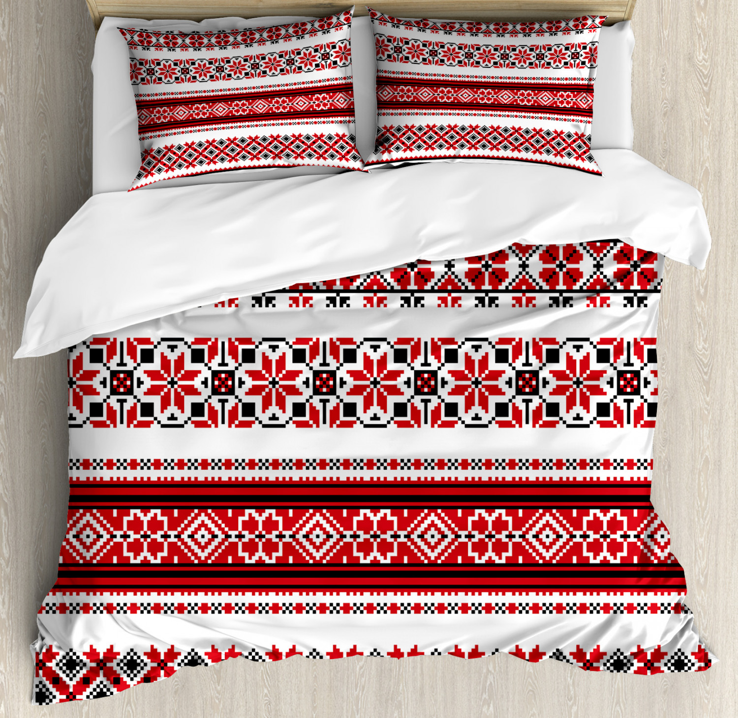 Red Duvet Cover Set With Pillow Shams Ukrainian Ethnic Accents