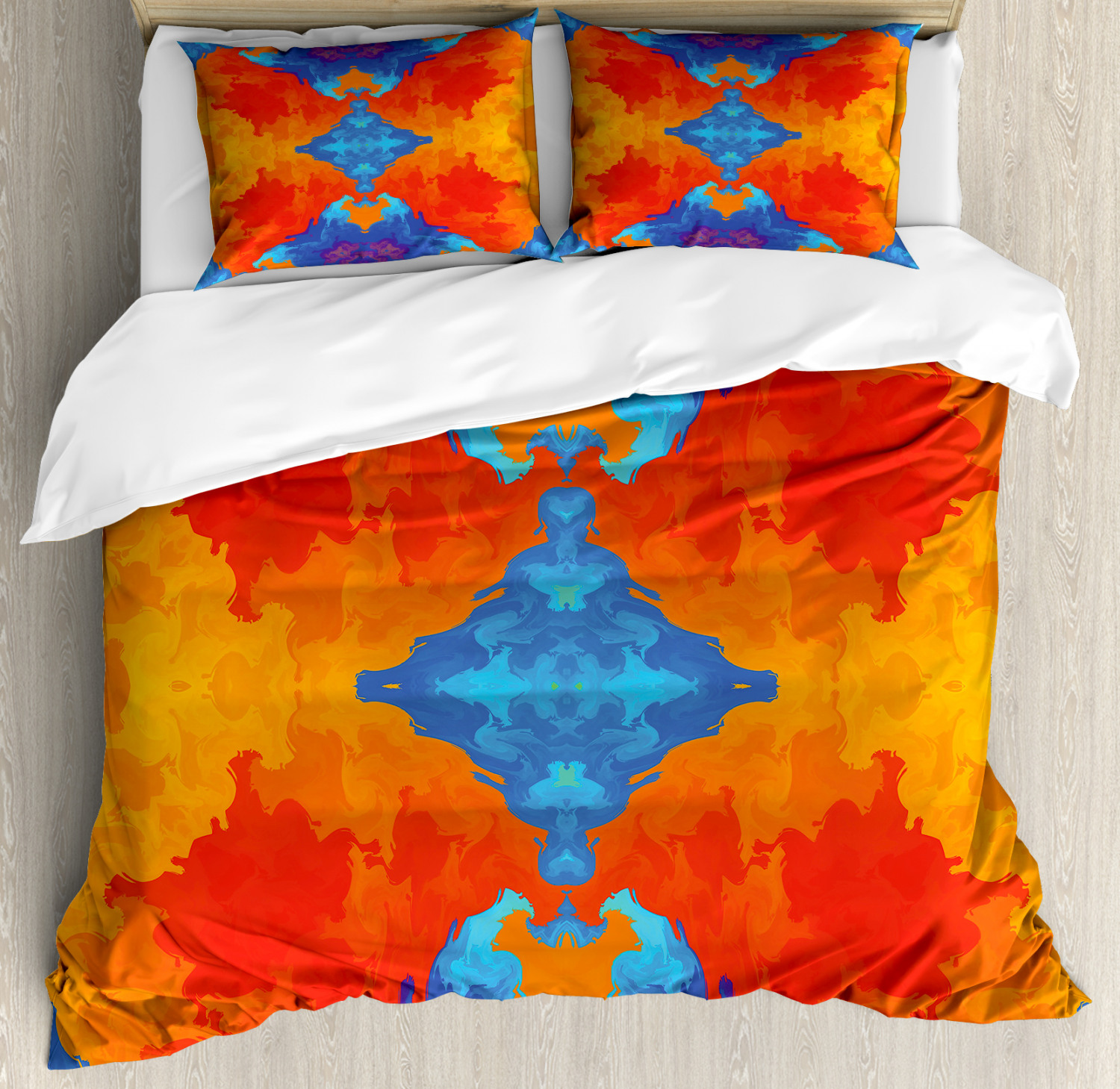 Trippy Duvet Cover Set With Pillow Shams Blue Orange Kaleidoscope