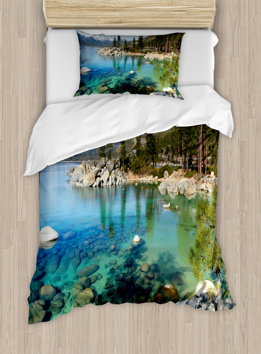 Summer Lake Photo Print Lake Tahoe Quilted Bedspread & Pillow Shams Set 