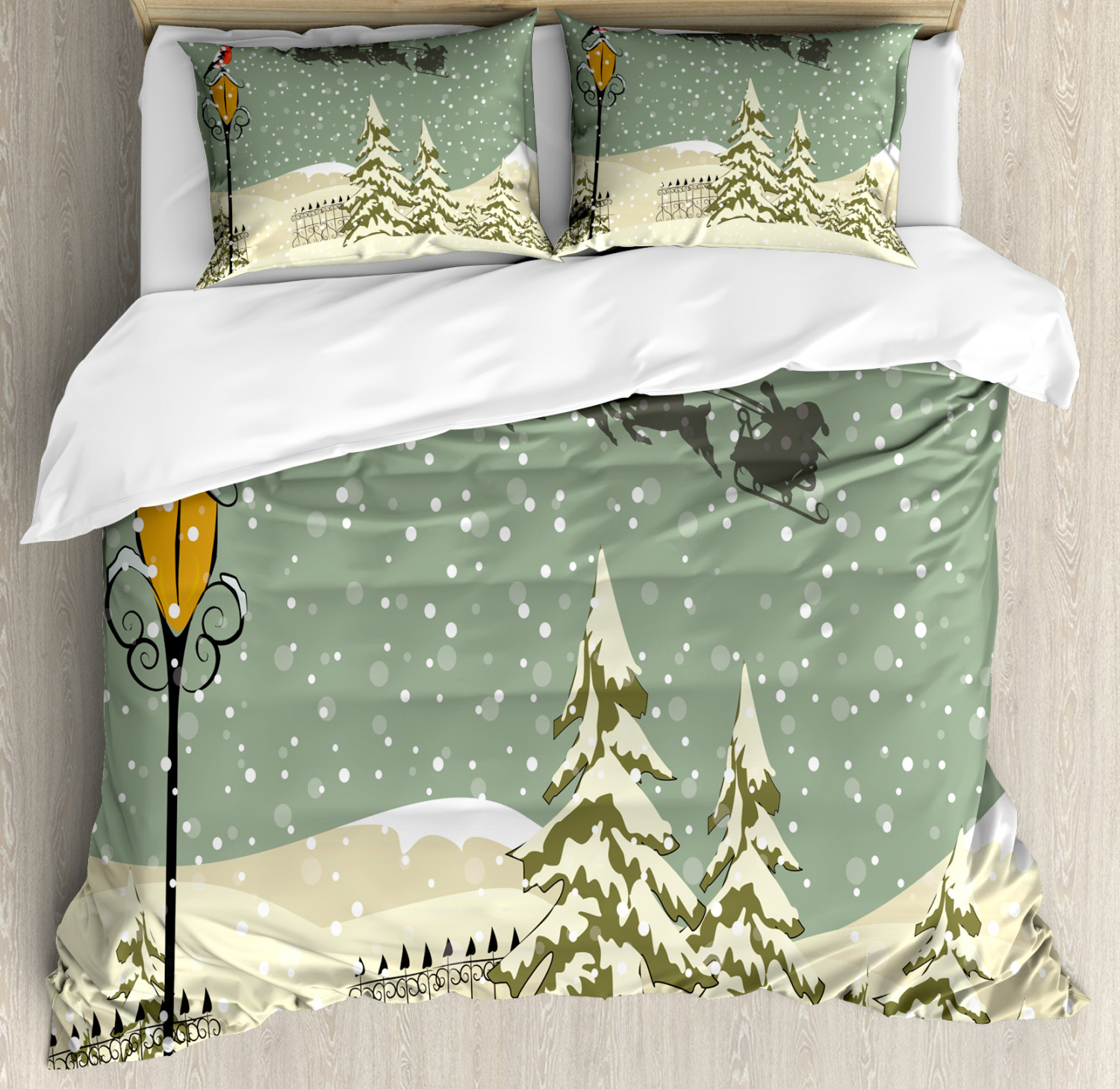Christmas Quilted Bedspread & Pillow Shams Set Santa Claus Reindeer Print 