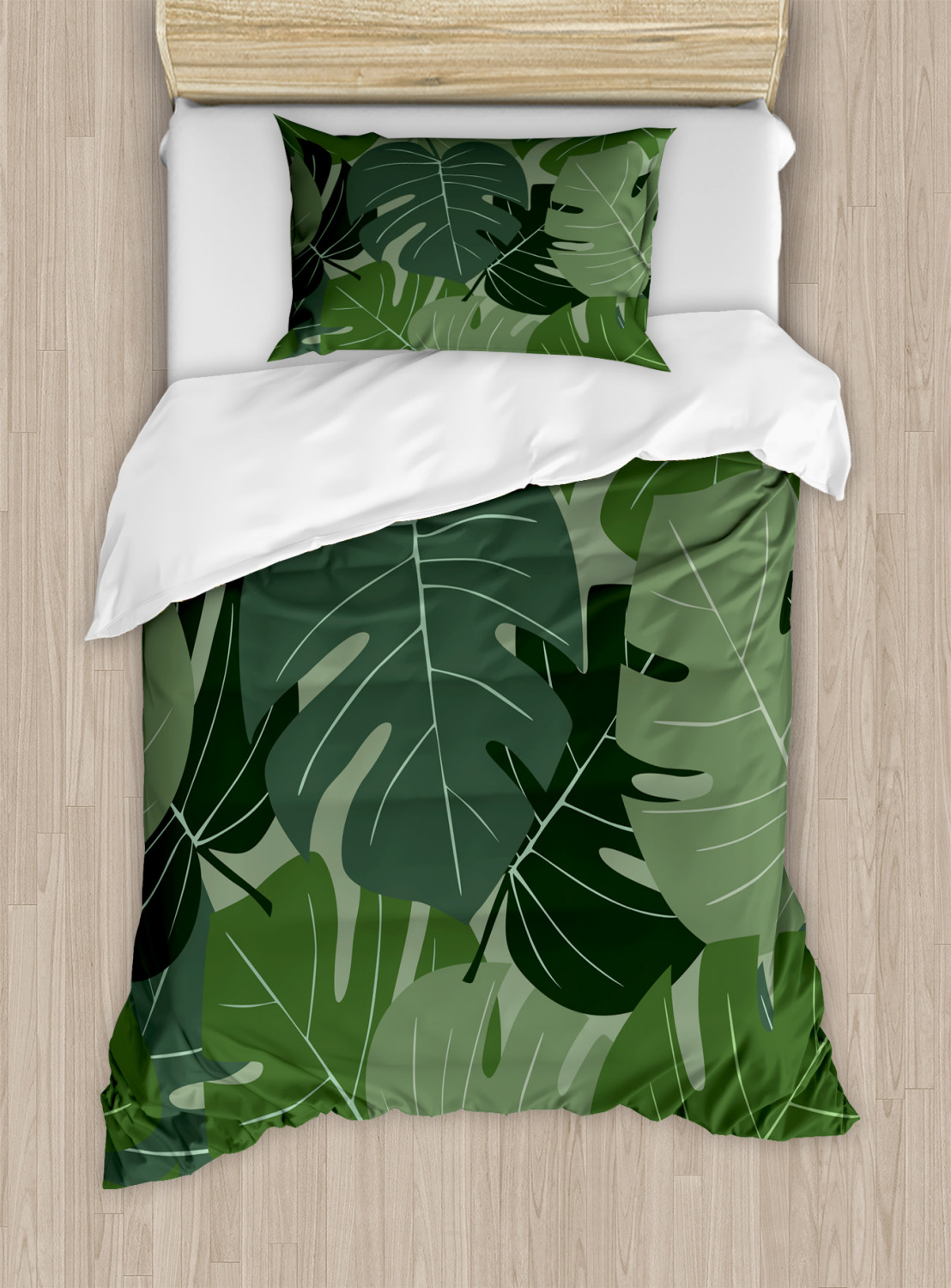 Forest Green Duvet Cover Set With Pillow Shams Camo Palm Leaves