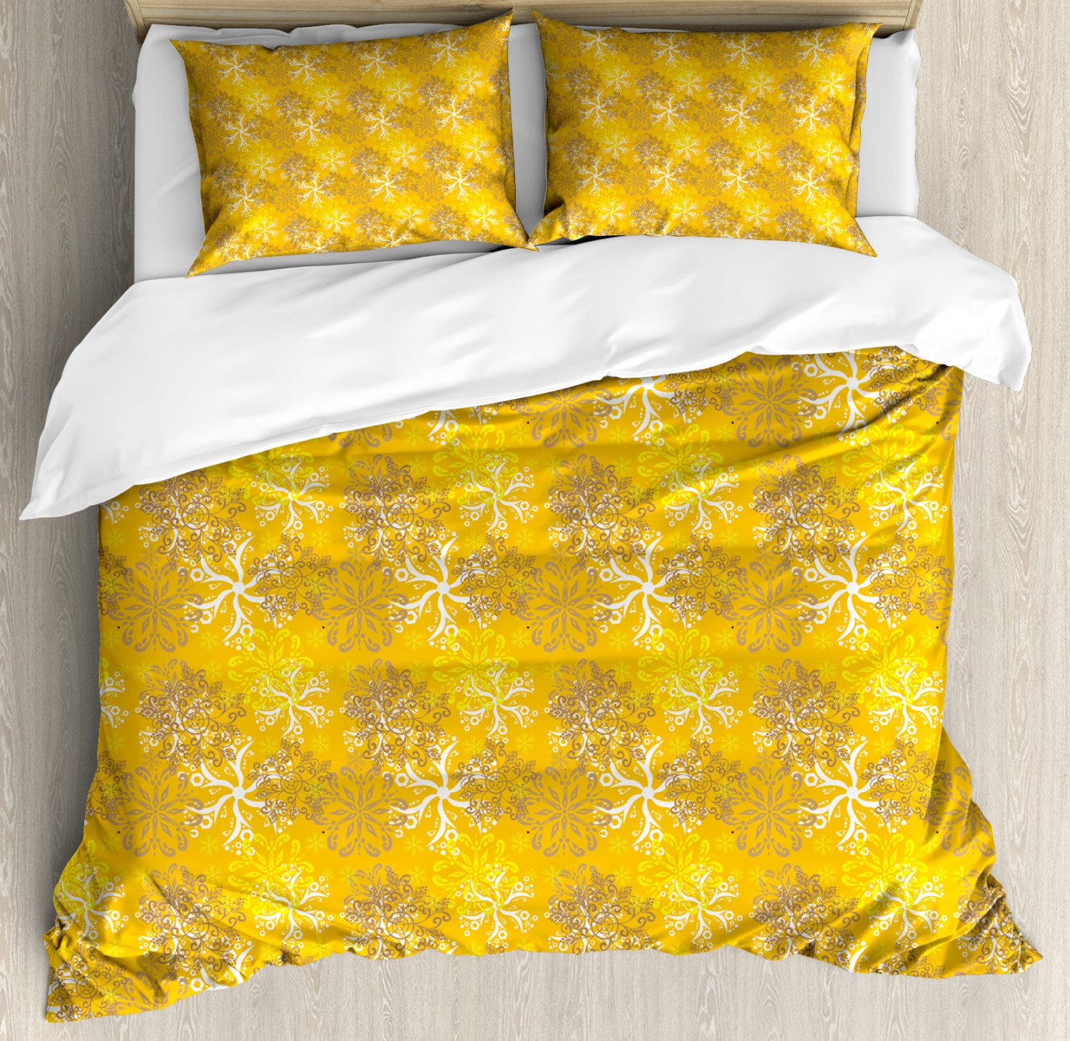 Yellow And White Duvet Cover Set With Pillow Shams Ornate Design