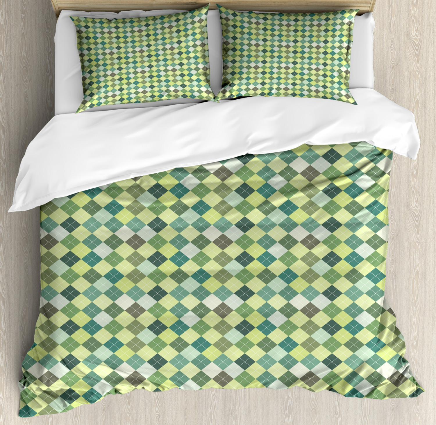 Plaid Duvet Cover Set With Pillow Shams Traditional Argyle Green