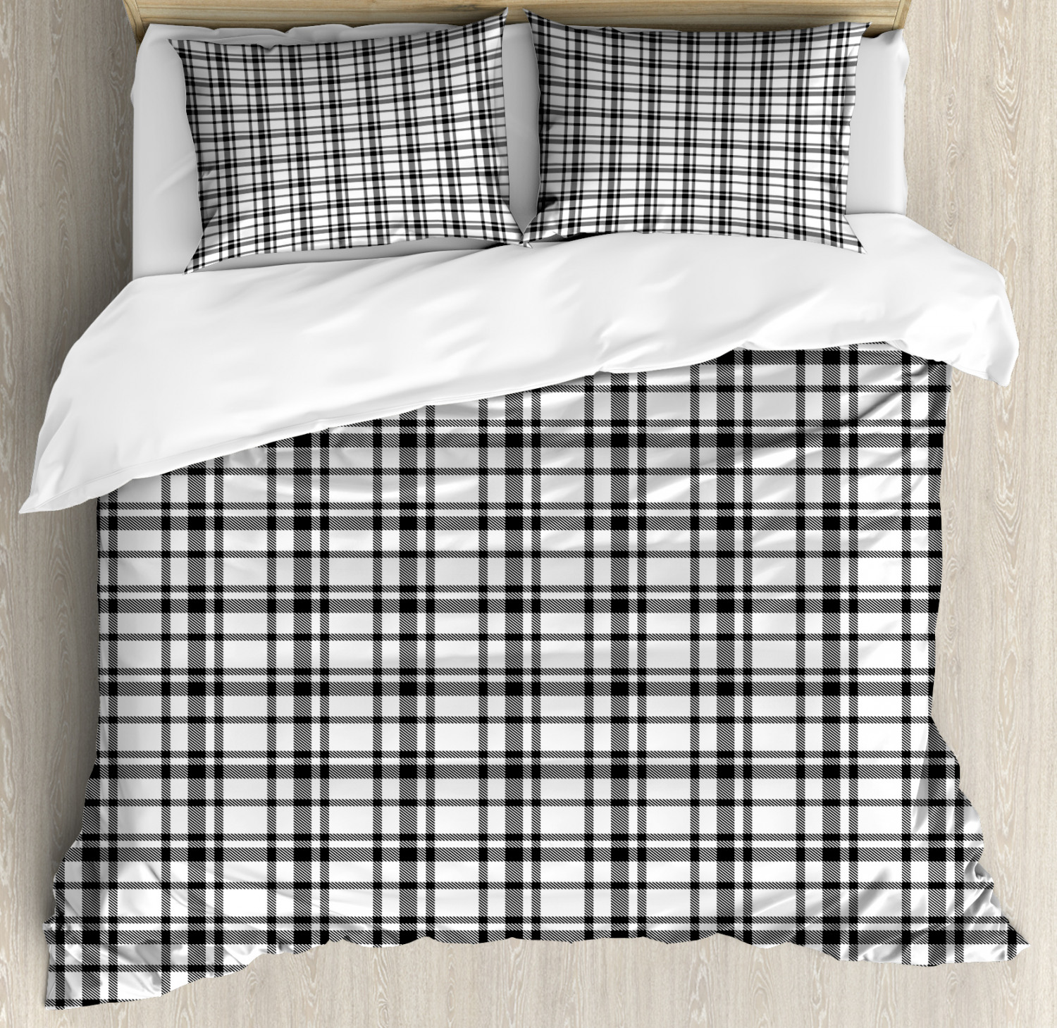 Plaid Duvet Cover Set With Pillow Shams Black And White Grid Print