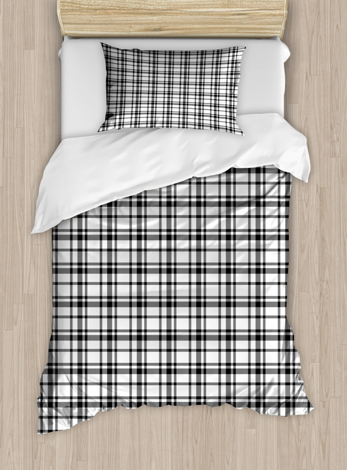 Plaid Duvet Cover Set With Pillow Shams Black And White Grid Print